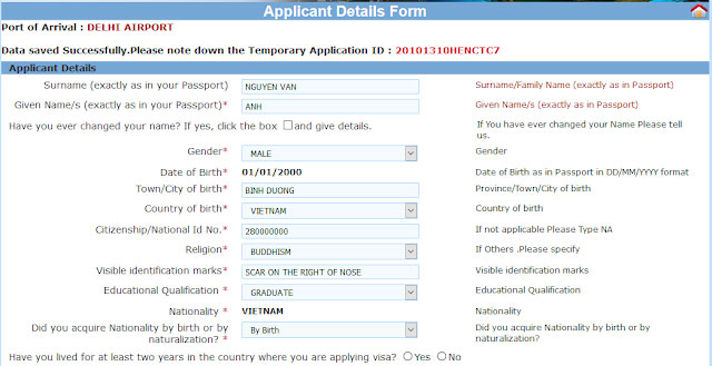 Nhập thông tin cá nhân xin visa Ấn Độ